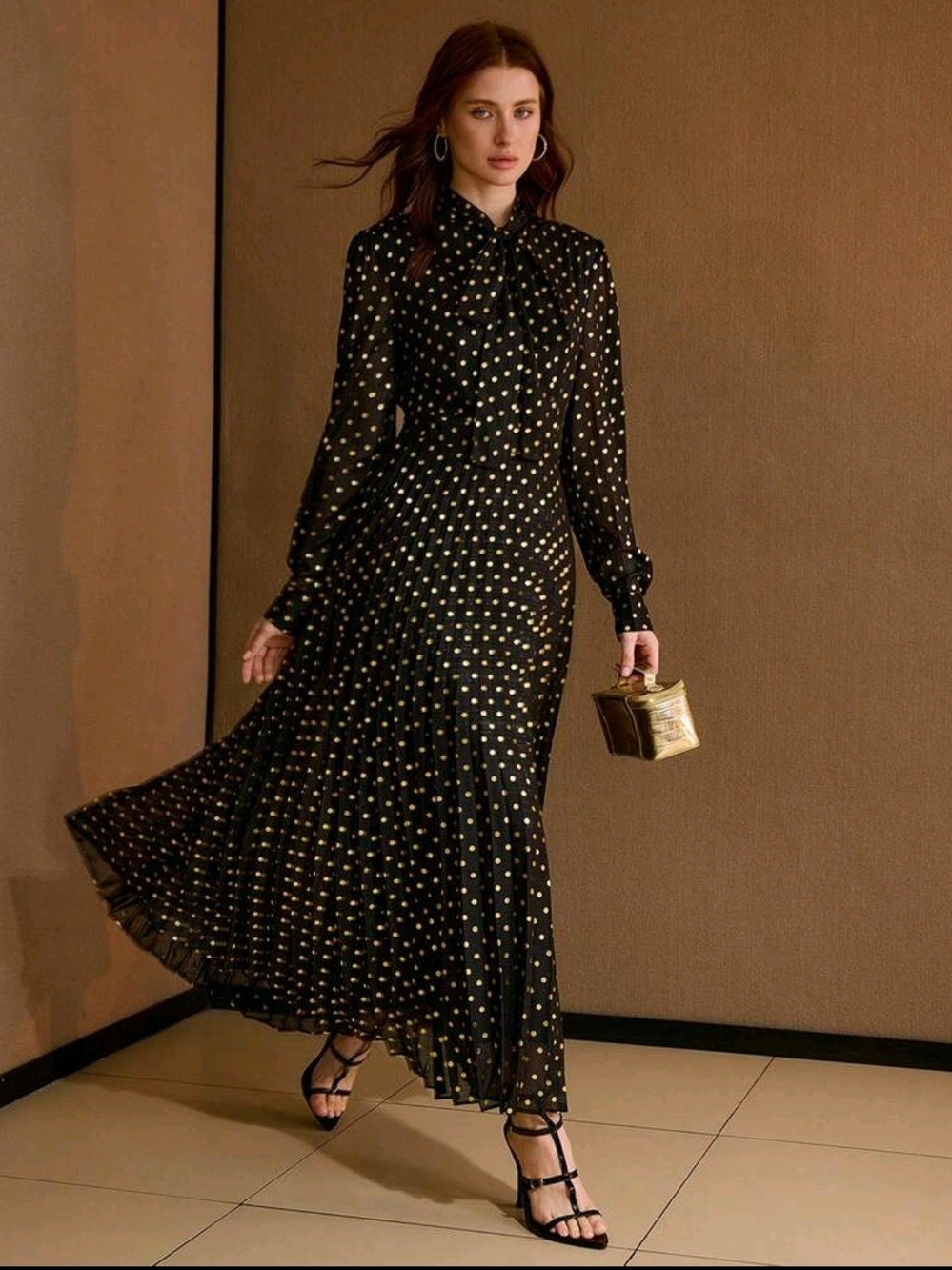 MOTF Black Maxi Dress with Gold Polka Dots